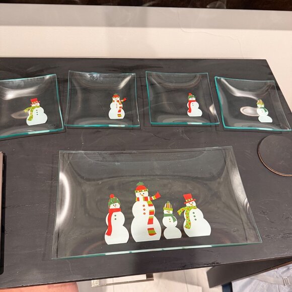 Other - Vintage Snowman-Themed Glass Serving Tray & 4 Small Plates Set